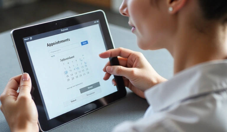 Frau bucht online einen Termin auf einem Tablet